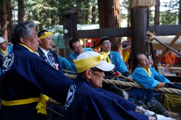 Men pulling the rope to move the log