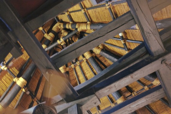 Amazing wooden beam construction of the dining hall's roof.