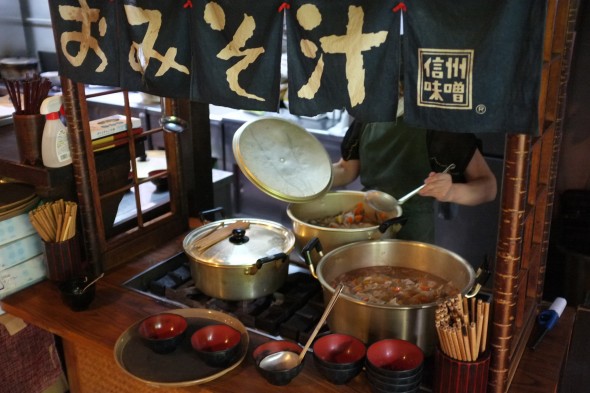 Big pots of miso soup and tonjiru soup
