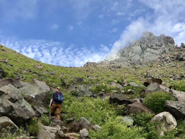 Hiking toward Mount Yake's gas plumes.