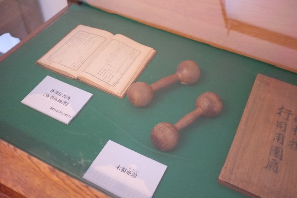 Wooden dumbbells! I wonder how heavy they are. Notice the diagrams of exercises in the book to the left.