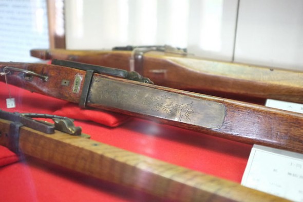 Matchlock guns, some with beautiful designs, in Matsumoto Castle