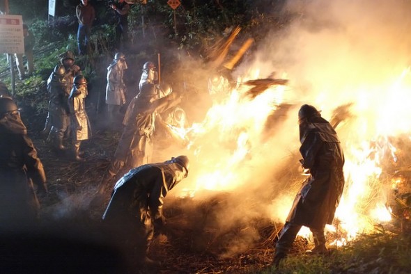 Firefighters burning the torches as they arrive