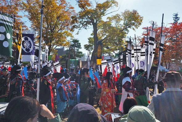 The samurai procession gathering at Matsumoto Castle before heading out