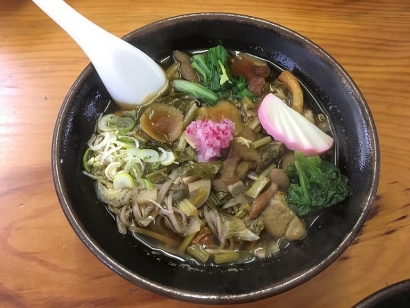 Hot wild mushroom and sunkizuke pickle soba noodles