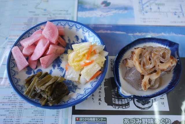 Different kinds of homemade pickles and another mini side dish